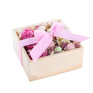 Caja de madera Rosas violeta y Hortensia verde