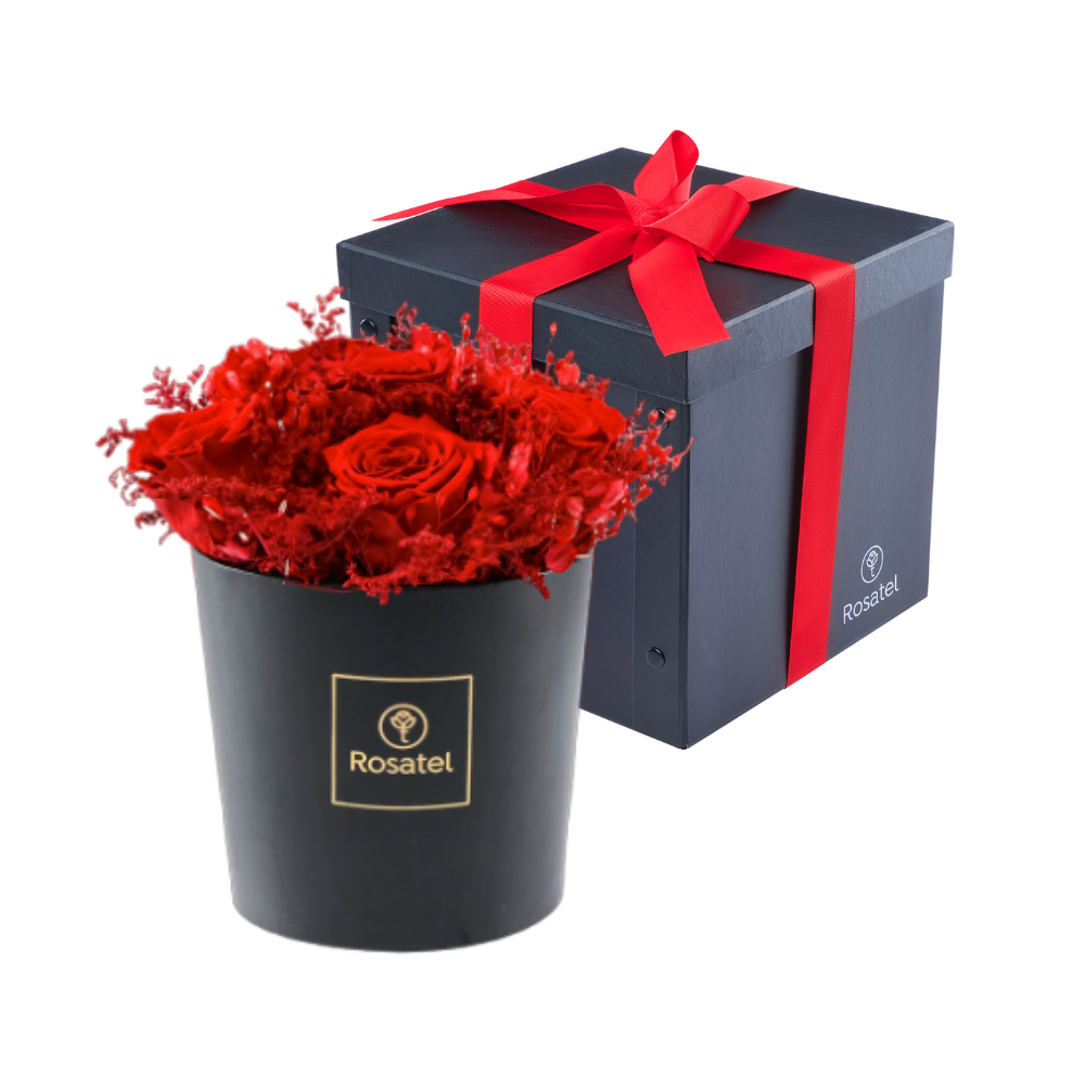 Sombrerera (M) Negra con 4 Rosas Preservadas XL Rojas y Follaje Seco en Tonos Rojos en Caja de Regalo