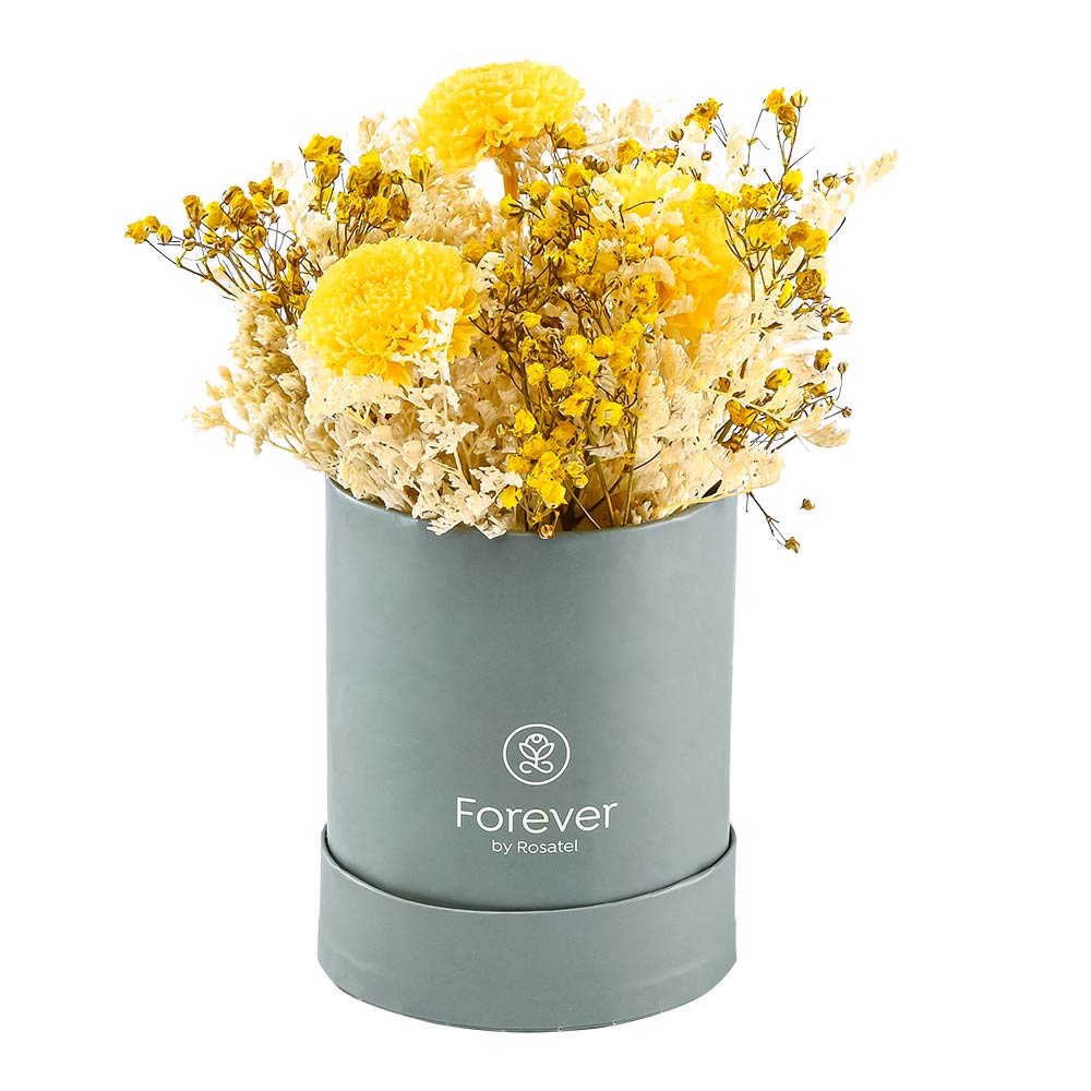 Mini Sombrerera Gris Forever con Crisantemos Preservados