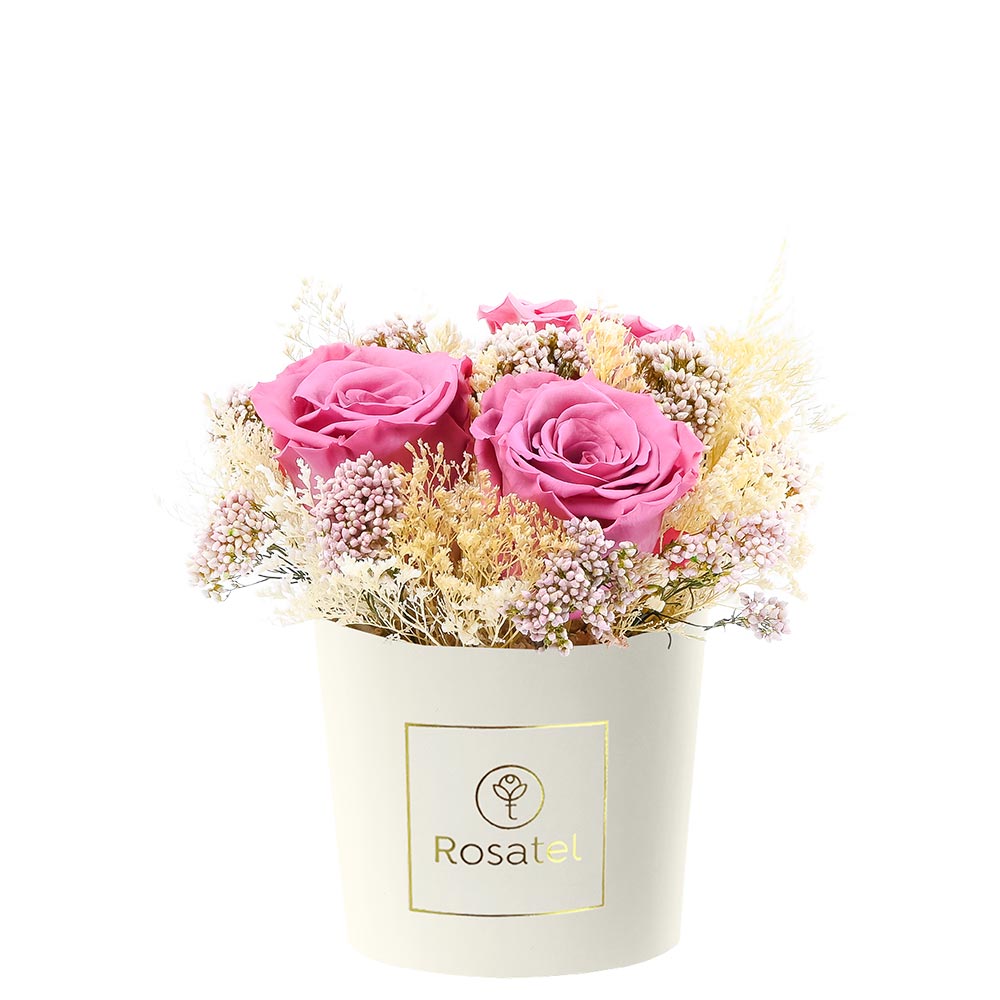 Sombrerera Pequeña con Rosas Preservadas y Flores Secas