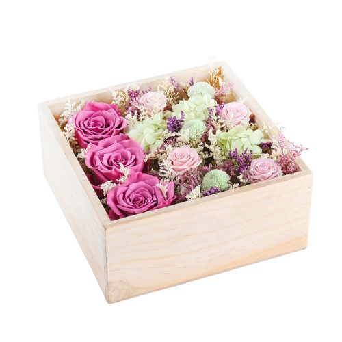 Caja de madera Rosas violeta y Hortensia verde